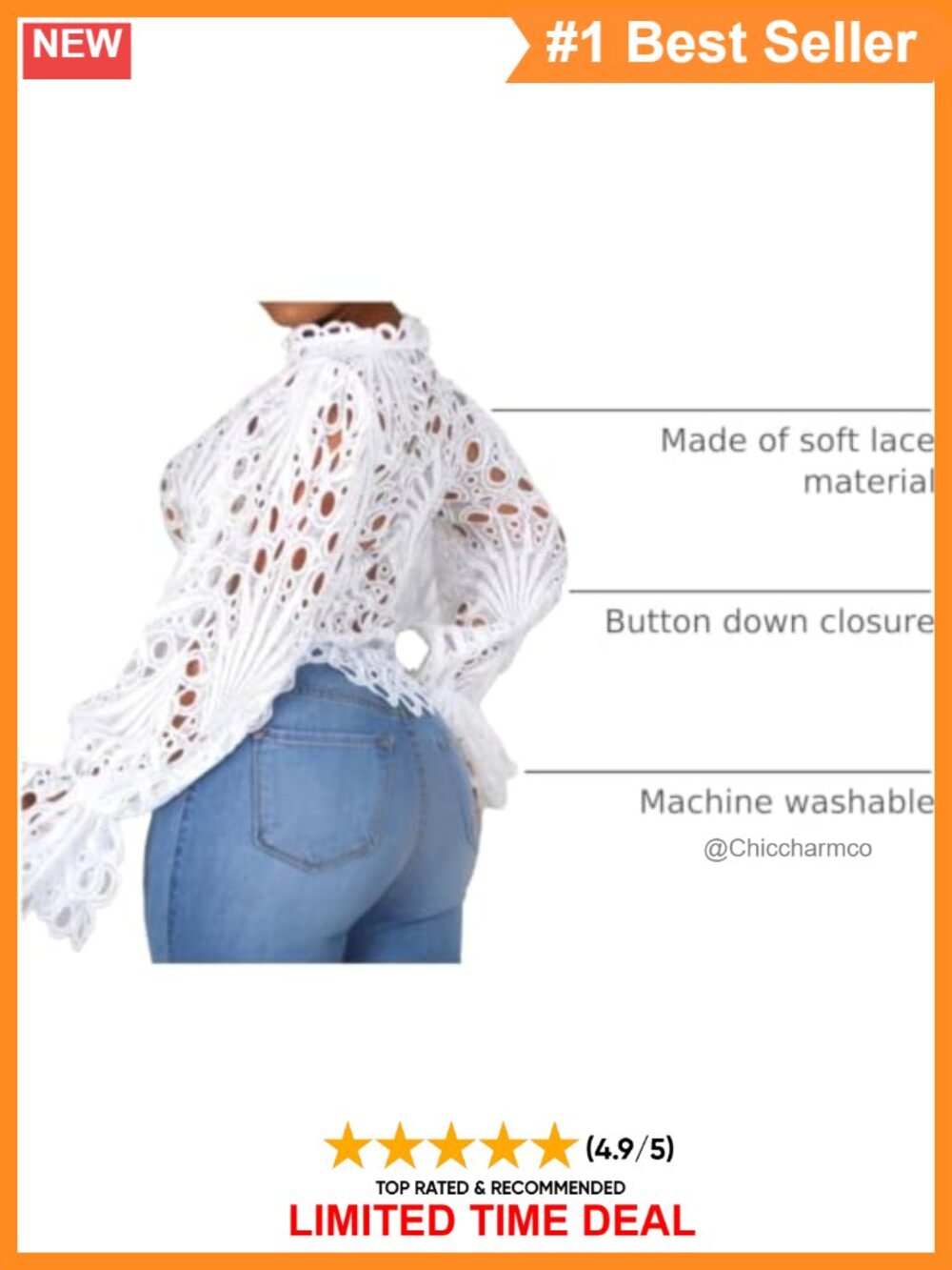 Lace Ruffle Puff Long Sleeve Button Down Top - Picture 3 of 5